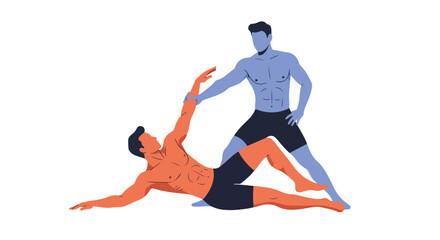 Assisted stretching scene of two men working out for maximum flexibility gain