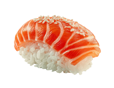 Freshly sliced raw salmon sushi with red caviar isolated on a transparent background