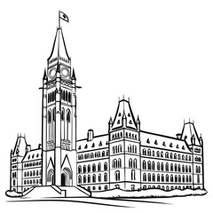 Naklejka premium Hand-Drawn Canadian Parliament Illustration, Detailed Ottawa Landmark Line Art with Transparent Background. Perfect for: Canada Day, Ottawa tourism