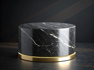 Elegant black marble pedestal with gold base on dark background