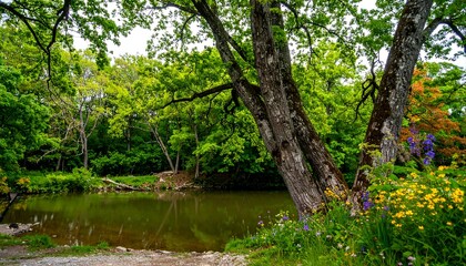 Lush forest bordering a tranquil pond