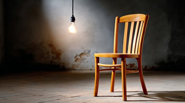 Wooden chair is sitting in a dimly lit room. The light from the bulb above the chair casts a warm glow on the wooden surface. The chair is positioned in front of a wall