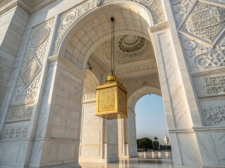 Ornate archway with golden lantern and islamic architectural details