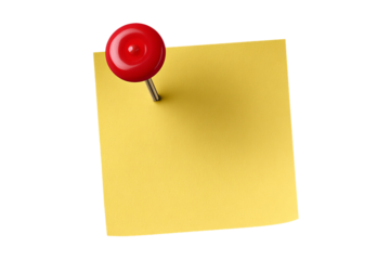 A blank yellow sticky note with a push pin isolated on a transparent background