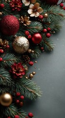 Festive holiday decorations with red and gold ornaments on evergreen branches in a cozy setting