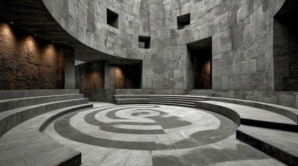Gray stone interior, circular seating