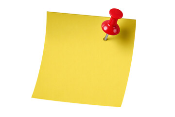 A blank yellow sticky note with a push pin isolated on a transparent background