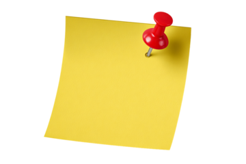 A blank yellow sticky note with a push pin isolated on a transparent background