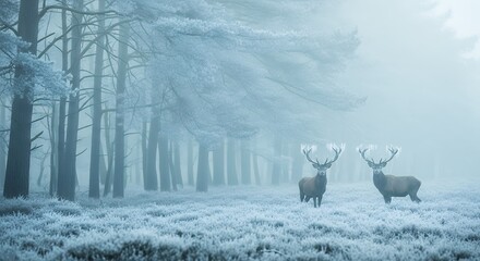 Fototapeta premium Majestic Stags in Snowy Forest Landscape Winter Wildlife Photography Print for Home Decor or Nature Enthusiasts