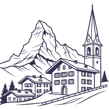 Hand-Drawn Zermatt Village and Matterhorn Illustration, Detailed Swiss Landmark Line Art with Transparent Background. Perfect for: Swiss National Day, Zermatt tourism