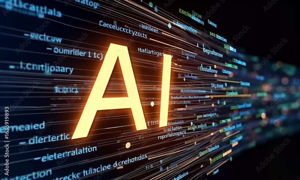 Poster a futuristic digital background with the word ai in glowing, neon letters surrounded by an array of 