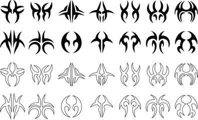 Tribal tattoo icons set in flat, line styles. ethnic body art symbol vectors, decorative pattern silhouette, abstract designs shapes and ornamental ink illustration isolated on transparent background.