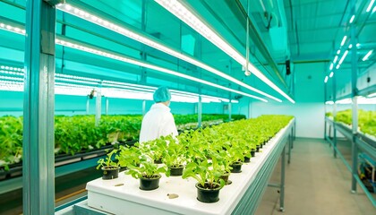 Indoor Vertical Farm with LED Grow Lights and Scientist