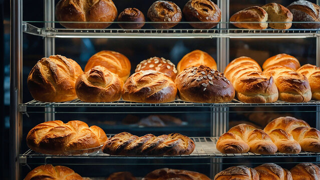 Assorted bread loaves in bakery display, fresh from oven and ready today