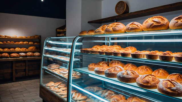 Bakery glass cases filled with fresh bread, golden loaves ready for purchase