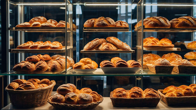 Croissants and bread displayed in bakery glass case, fresh and ready for sale - Powered by Adobe