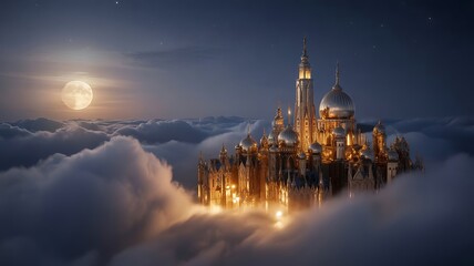 Golden palace city floating above clouds under moonlight