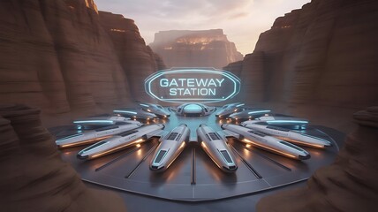 Spaceport carved into canyon walls with glowing spacecraft docks