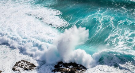 Fototapeta premium Powerful Ocean Wave Crashing on Rocks Turquoise Water Landscape Photography Coastal Scene Nature Stock Image