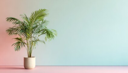 Palm plant in neutral pot, pastel backdrop