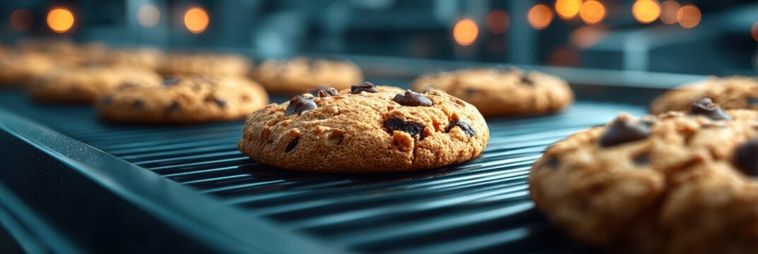 Freshly baked chocolate chip cookies cooling on a wire rack in a cozy bakery setting with warm lighting