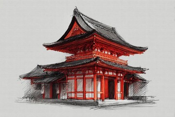 Fototapeta premium Traditional Japanese Architecture Showcased Through a Vibrant Sketch of a Shrine Generative AI