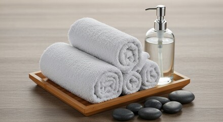 Rolled white towels on a bamboo tray, spa-like setting with soap dispenser.