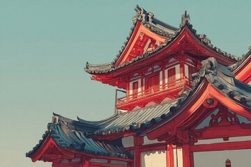Fototapeta premium Intricate Sketch Depicting Traditional Japanese Architecture Under a Clear Sky Generative AI