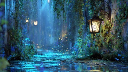 Mystical, lit alleyway, vibrant flora