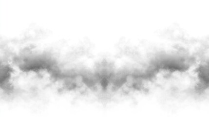 Obraz premium A symmetrical band of gray-toned smoke or clouds against a white background. The dense, layered shapes create a hazy, atmospheric effect
