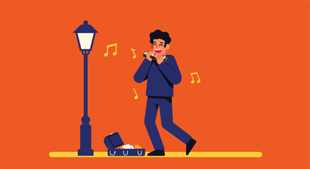 Street musician plays harmonica under lamplight with money filled open suitcase