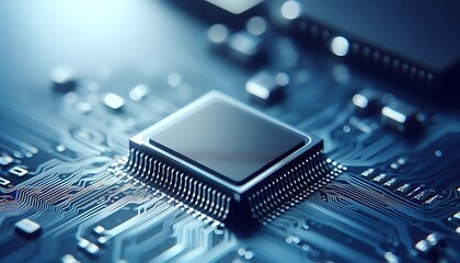 Macro view of a central processing unit on a glowing blue circuit board. Concept of future technology, AI, and digital innovation.