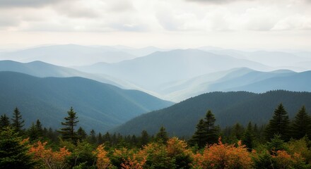 Fototapeta premium Scenic Mountain Range Landscape with Layers of Blue Haze and Lush Green Forest Trees in Autumn Colors Nature Photography