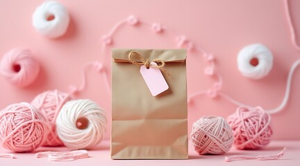 Photo of a brown kraft paper gift bag with a blank tag and twine bow, surrounded by pink and white yarn balls on a pink background