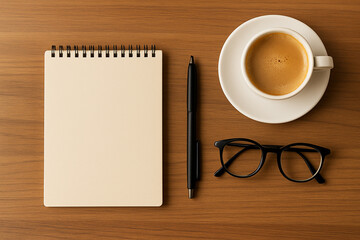 Top view of a spiral notebook, pen, cup of coffee, and eyeglasses on wooden table. Cozy workspace concept, morning routine, planning and productivity.