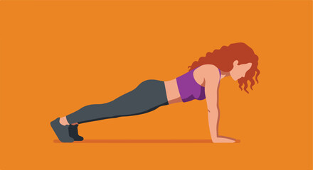 Flat vector artwork a redhead woman is doing a push-up. Orange background