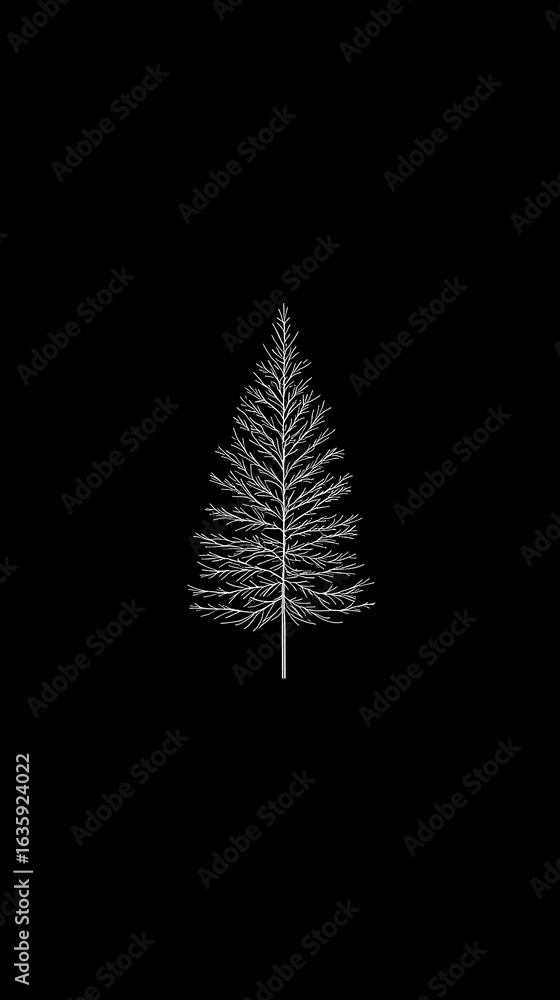 Poster black background with a minimalist line art pine tree motif, centered and tiny