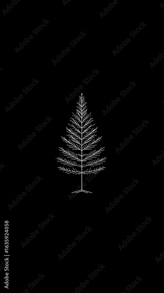 Poster black background with a minimalist line art pine tree motif, centered and tiny