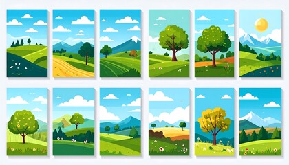Fototapeta premium Collection of stylized landscape illustrations. Colorful scenes