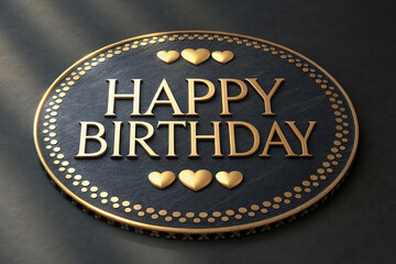 Golden Happy Birthday Sign with Hearts and Decorative Border for Greeting Card or Celebration Design