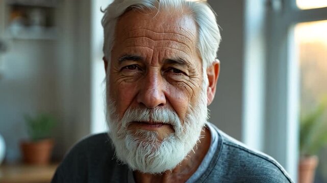 Close-up of a Senior Man with a White Beard Looking Directly.
