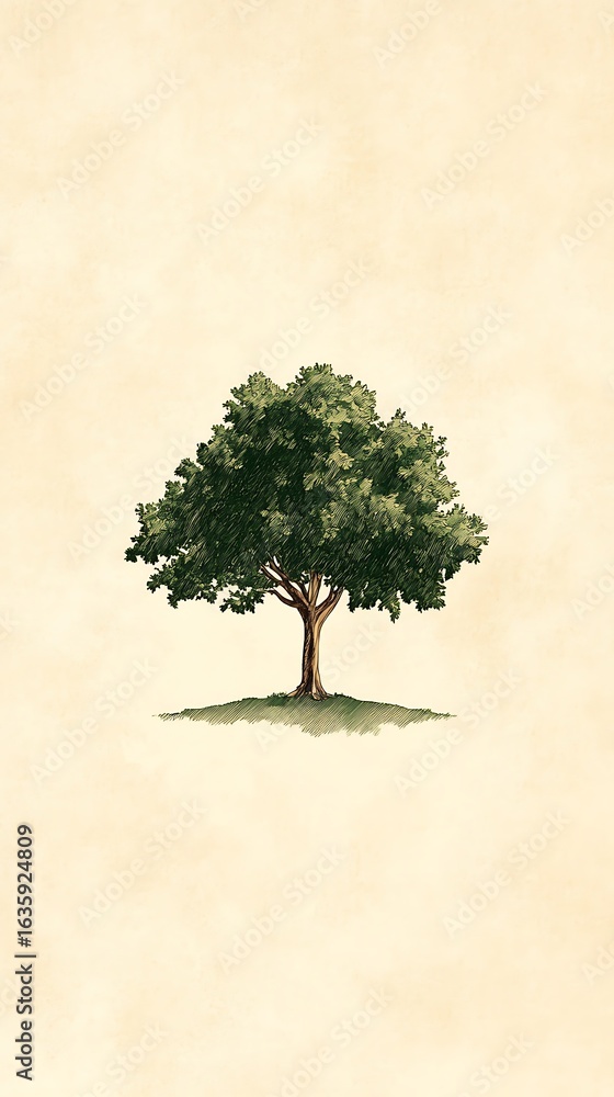 Poster cream background with a tiny doodle-style oak tree motif centered, simple and clean