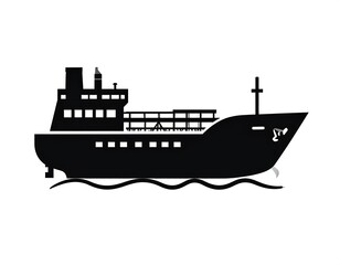 Obraz premium Black silhouette of a large cargo ship on waves