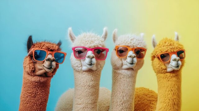 Four llamas wearing sunglasses. One is brown, one is white, one is yellow, and one is tan
