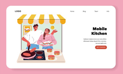 Mobile Kitchen Cooking Scene with Smiling Chefs