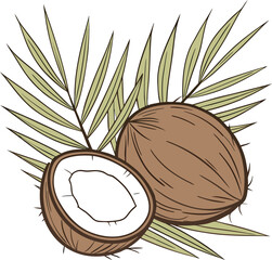 An isolated, ripe coconut with a fresh green leaf, perfect for a healthy food and diet illustration