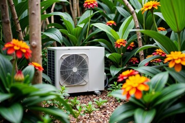Tropical Oasis: Air Conditioner and Heat Pump Split System Unit in Vibrant Garden Setting