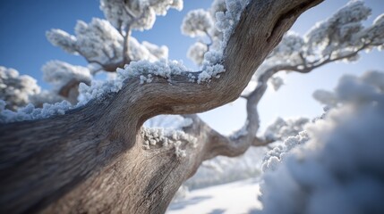 Low angle of a weathered tree branch, snow-covered, against a clear blue sky