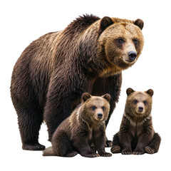 Fototapeta premium Grizzly bear with two cubs isolated PNG with Transparent Background