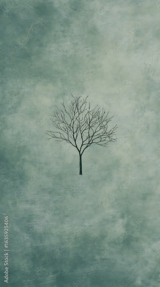 Poster dusty green background with a small drawing of a birch tree motif in the center, thin lines
